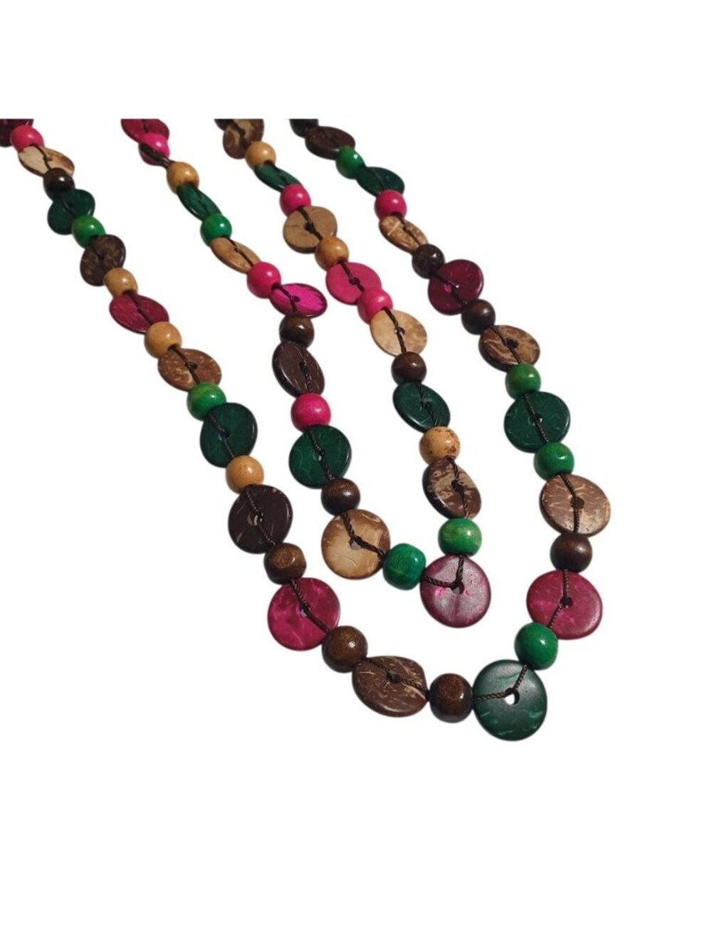 Colorful Coconut Shell Beaded Necklace Multicolor Brown Green Pink Natural Vinta